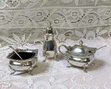1959 Adie Bros Ltd Silver Cruet Set, Mustard Pepper Salt Two Spoons & Blue Liner