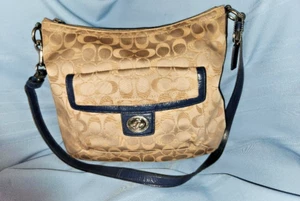 COACH PENELOPE BEIGE SATEEN & BLUE LEATHER CONVERTIBLE SHOULDER PURSE F19232 - Picture 1 of 11