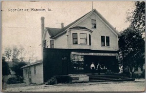 1910 MANHEIM, Illinois Postcard "POST OFFICE" Street Scene / Dry Good Store - Picture 1 of 2