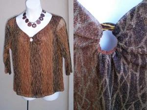 Camicia blusa Chico's rame metallizzato oro taglia 3 L XL 16 18 scollo a v shimmer - Foto 1 di 11