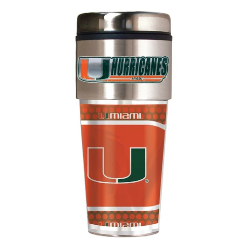 MIAMI HURRICANES 16 OZ STAINLESS STEEL COFFEE TRAVEL MUG 3D METAL EMBLEM Cover