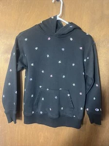 CHAMPION Hoodie Black Size Large All Over Print Kids Unisex - Picture 1 of 3