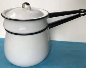 Vintage Emaillegeschirr weiß mit schwarzem Rand Doppelkocher 3-teiliges Topfset - Bild 1 von 21