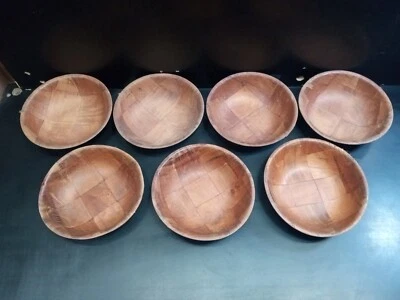 Vintage Parquet Salad Bowl Woven Bamboo Wood 7 Piece Small Set  Bowls warped  - Image 1 of 4