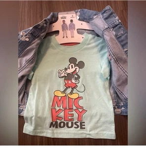 Boy Girl Disney MICKEY MOUSE 2 Piece Denim Jacket & Green T-Shirt Kid Size 6 New - Picture 1 of 5