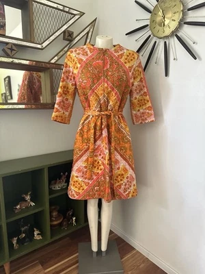 Abrigo tumbona vintage años 60 70 Evelyn Pearson acolchado naranja floral casa talla 16 Foto 1 de 4