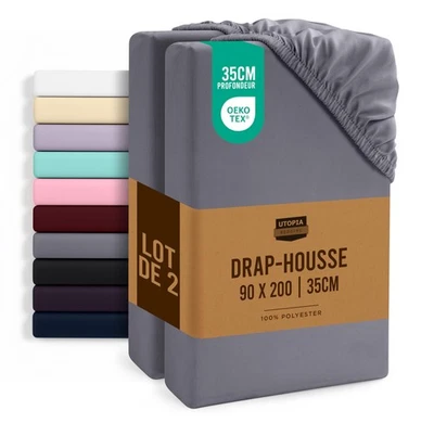 Lot de 2 Drap Housse - Gris, 90 x 200 cm - Coupes de 35 cm pour Matelas épais... - Photo 1/4