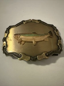 Vintage 1978 Rainbow Trout Belt Buckle 3.75" Wide Raintree Heavy Fishing Theme - Picture 1 of 11
