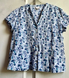 ✩Pretty *EAST* Blue Short Sleeve Floral Hand Block Print Button Top 16✩ - Picture 1 of 7