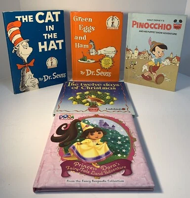 Lot of 5 Children's Books Dr. Suess Dora Pinocchio 12 Days of Christmas HC PB Foto 1 de 4