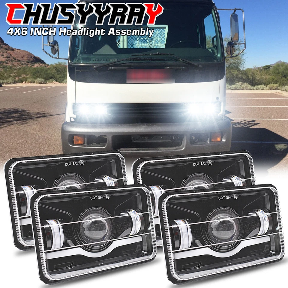 4PCS Black 4x6" LED Headlights DRL Hi Lo Sealed fits GMC T6500 T7500 1997-2009 S - Image 1 of 4