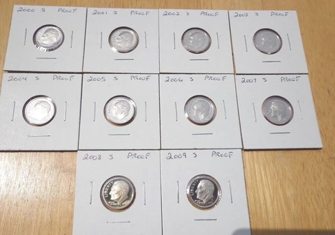 2000 2001 2002 2003 - 2007 2008 2009 S Roosevelt Clad Proof Dime 10 Coin Set Lot Cover