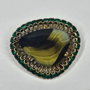 Spilla spilla in vetro marrone con strass verdi vintage - Foto 1 di 12