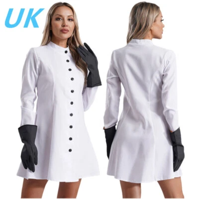UK Women's Mad Scientist Cosplay Costume Science Expert Lab Coat with Gloves Set