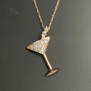 10k Solid Gold Diamonds Martini cocktail glass Necklace - Picture 1 of 8