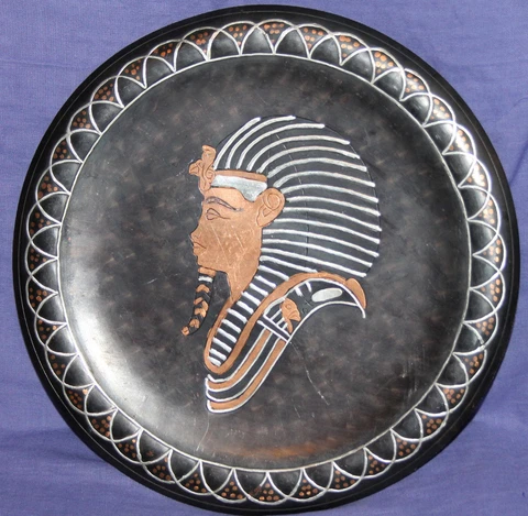 Vintage Egyptian hand made metal wall hanging plate Tutankhamun Cover