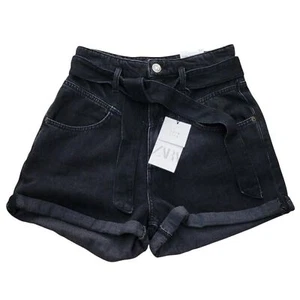 Pantalones Cortos Vaqueros Zara Hi-Rise Cinturón Negro con Puño Enrollado Nuevos con Etiqueta - Imagen 1 de 14
