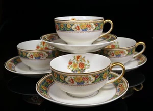 4 ~ T&V Limoges Cups Saucers Orange Yellow Green Blue Floral Border TRV76 - Picture 1 of 4