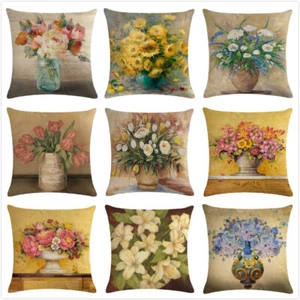 Linen Blend Vintage Flower Vase Pillow Case Couch Car Waist Back Cushion Cover - Picture 1 of 48