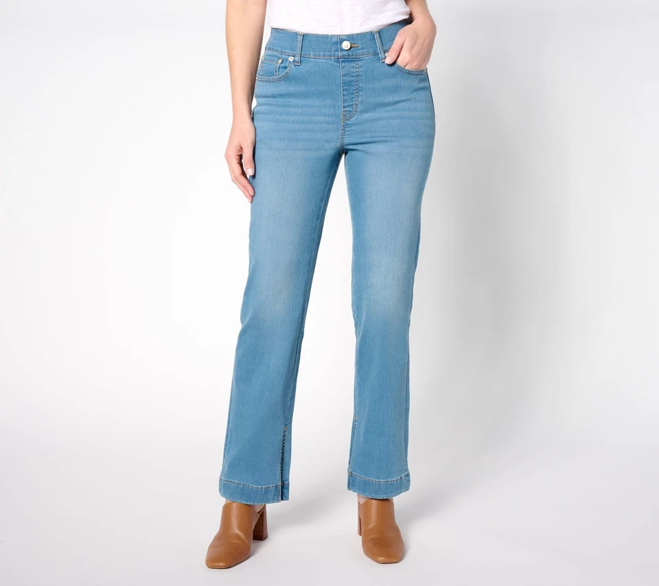 Denim & Co. Adaptive Cozy Touch Slim Straight Jeans Light Wash 10 New - Image 1 of 1