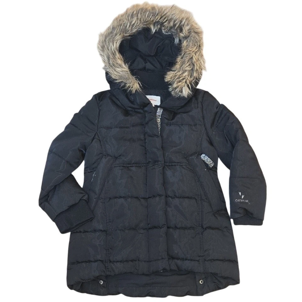 Abrigo de invierno negro Catimini para niña pequeña Parka acolchada capucha forrada de piel talla 3 Foto 1 de 4