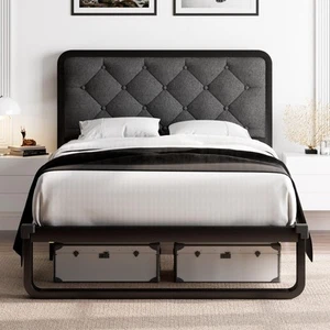 Twin Size Bed Frame, Upholstered Platform Bed Frame with Heavy-Duty Metal Ste... - Picture 1 of 7