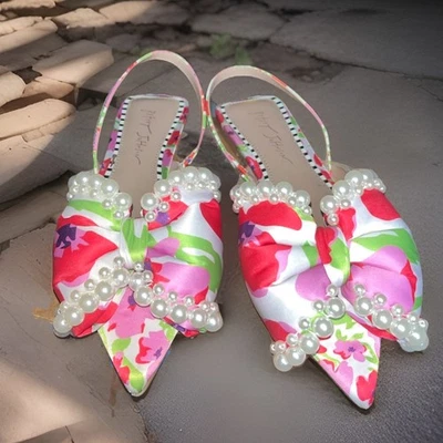 Betsey Johnson Camilo Floral Bow Pearl Slingback Flats Size 8.5 - Image 1 of 4