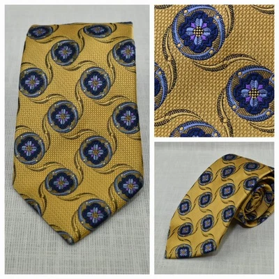 Jos. A. Bank Necktie Golden Yellow, Blue Floral Silk Designer Dress Suit Tie - Image 1 of 4