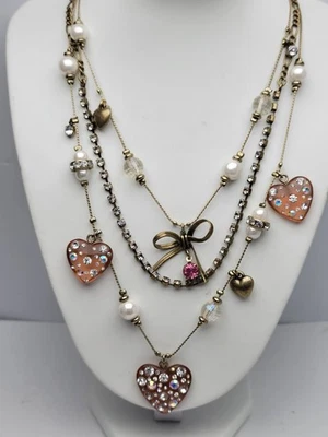 BETSEY JOHNSON Pink Lucite HEARTs CRYSTALs PEARLs Three Strand Charm Necklace  - Image 1 of 4