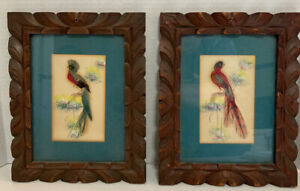 2 Vintage FolkArt Real Feather Hand Painted Bird Pictures Carved Wood Frame