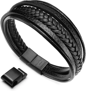 Mens Leather Bracelet with Clasp Cowhide Multi-Layer Braided Leather Mens Bracel - Picture 1 of 12