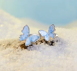 Luxury 18K 925 Sterling Silver Adjustable Blue Double Butterfly Ring (Size 7-9) - Picture 1 of 5