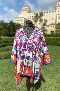 Giacca kimono Mildred Hoit multicolore stampata boho palma spiaggia elefanti $250 - Foto 1 di 10