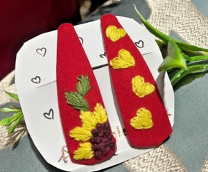Red Heart Hand Embroidered Linen Hair Clips Snap Clip Barrette For Women's Girls - Picture 1 of 6