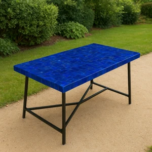 Lapis Lazuli Garden Table – Handcrafted Outdoor Table with Natural Interior Top - Picture 1 of 13