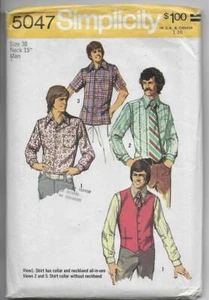 Patrón de costura Simplicity años 70 5047, chaleco y camisas para hombre, talla 38, cuello 15" - Imagen 1 de 2