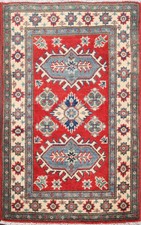 Geometric RED Super Kazak Oriental Area Rug For Kitchen Wool Hand-Knotted 2x3 ft