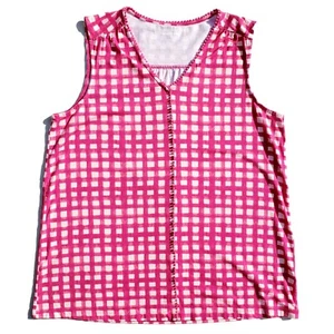 NWOT Lands' End M Cotton Stretch Tank Top Pink Print Knit V Neck Plaid Gingham - Picture 1 of 11