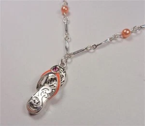 BEACH FASHION SILVER TONE RHODIUM FLIP FLOP WITH PEACH BEADS PENDANT NECKLACE - Picture 1 of 6