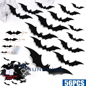 56PCS Halloween Bats Decor Realistic PVC Black 3D Scary Bat Stickers for Home - Picture 1 of 20