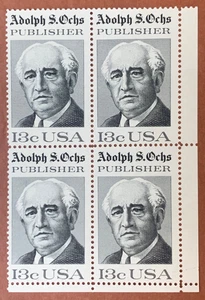 US 1976 Adolph S. Ochs Publisher Stamp Block of 4 13¢ (Scott # 1700) MNH - Picture 1 of 2