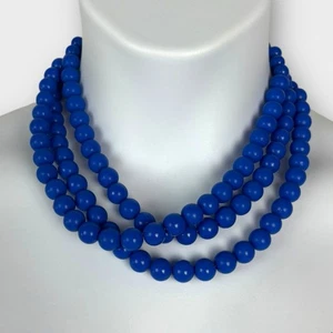 VTG Necklace Beaded 3 Stand Bright Royal Blue Plastic Beads Statement Piece - Picture 1 of 3