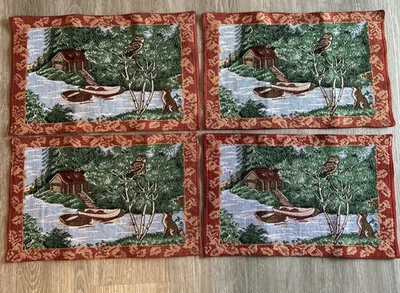 Vintage Tapestry Fall Placemats Tree Leaves Cabin Canoe Owl Fox Lined Set of 4 - Image 1 of 4