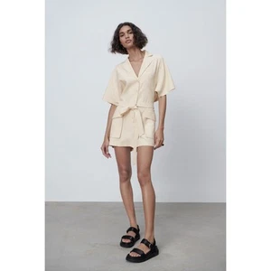 ZARA Beige Viscose Romper Back Vent 7385/125 Piece Notch Lapel Casual S BLOGGER - Picture 1 of 9