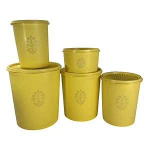 VTG Tupperware 5 Piece Nesting Canister Set Servalier Sunburst Seals Yellow Retr - Picture 1 of 18