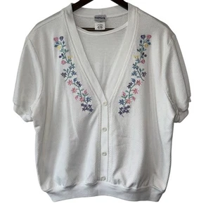 Vintage BonWorth Strickjacke weiß Blumen bestickt Kurzarm Gr. L Petite - Bild 1 von 11