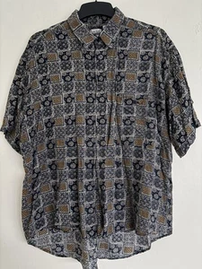 Vintage Patterned Short Sleeve Shirt Large Black Brown Grey White Pocket Retro - Picture 1 of 4