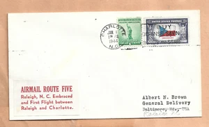 FIRST FLIGHT AM 5 CHARLOTTE N.C TO RALIGH JAN 1,1944 BROWN - Picture 1 of 1