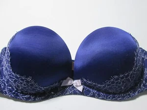 Victoria Secret Bra Size 32C Navy Underwired Push-Up Adjustable Strapless Lace - Picture 1 of 7