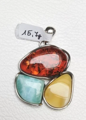 Ciondolo Trittico Gemme - Ambra Baltica e Argento 925 con Certificazione - Immagine 1 di 4